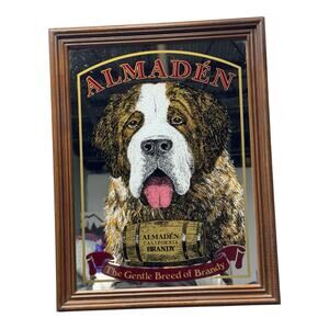 Almaden California Brandy Framed Mirror Sign St Bernard Dog Mascot 21.5"X16.5"